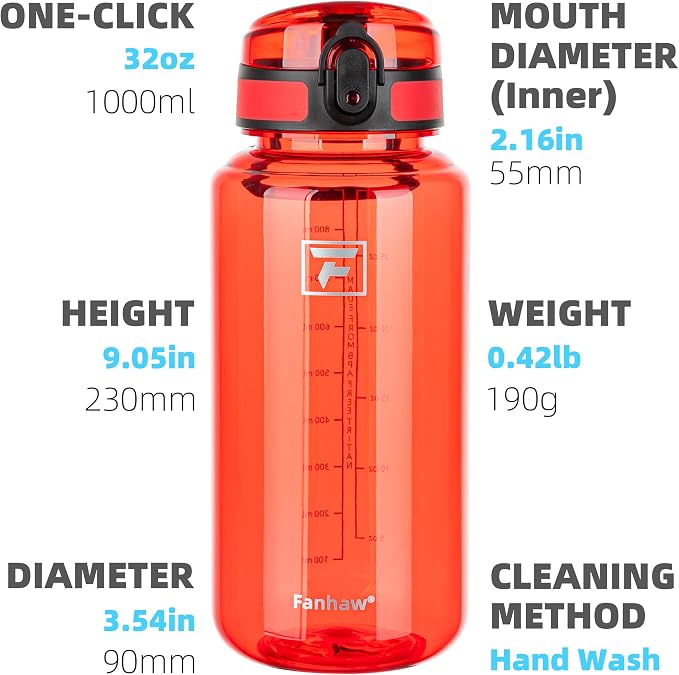 Fanhaw 32 Oz Clear Tritan Water Bottle, BPA-Free & Leak-Proof, Wide Mouth with Anti-dust Chug Lid, Reusable Plastic Bottle for Gym, Travel, School & Office, Back to School Essentials (Red)