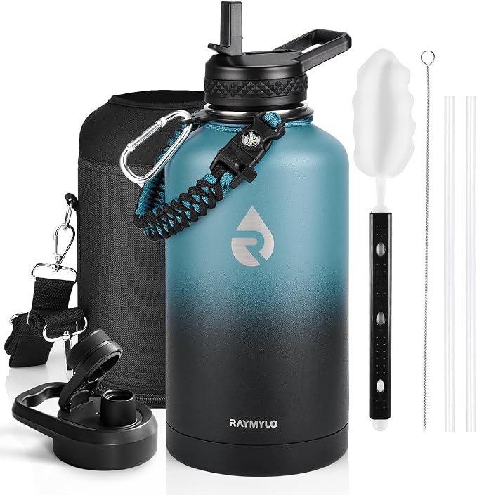 RAYMYLO Insulated Water Bottle 64 oz, Triple Wall Vacuum Stainless Steel (Cold for 48 Hrs), Leak Proof & Non-BPA, Half Gallon Water Flask Jug with Paracord Handle & Straw Spout Lids | (Cold for 48 Hrs), Leak Proof & Non-BPA, Half Gallon Water Flask Jug...