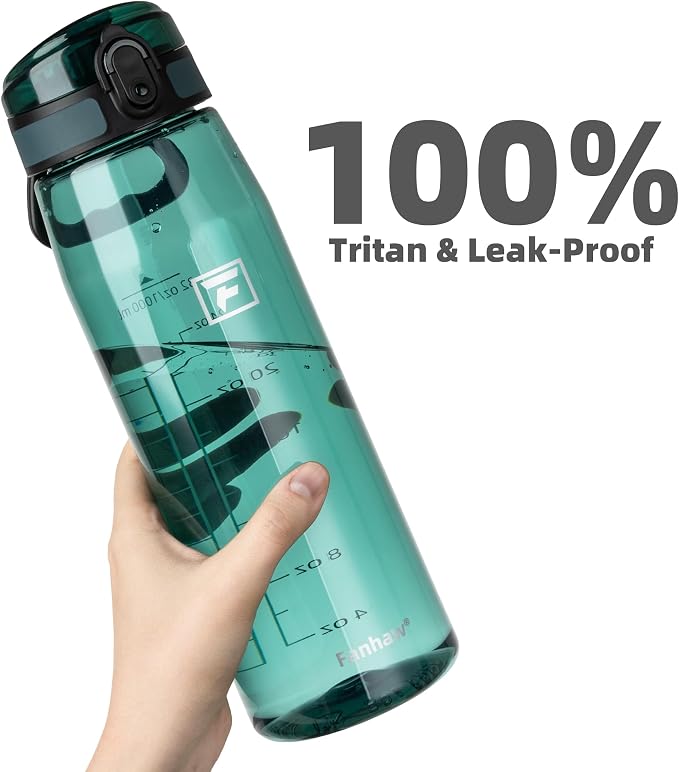 Fanhaw 32 oz Clear Plastic Water Bottle, BPA Free Leakproof Tritan Sports Water Bottle with Chug Lid, Wide Mouth Reusable Bottle for Gym, Travel, School & Office (Dark Green)