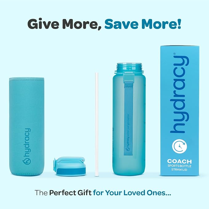 Hydracy Motivational Water Bottle with Time Marker and Straw Lid 32 oz | Leakproof,BPA Free,No Sweat Neoprene Sleeve,Carry Strap,Daily Intake Tracking for Fitness & Outdoors