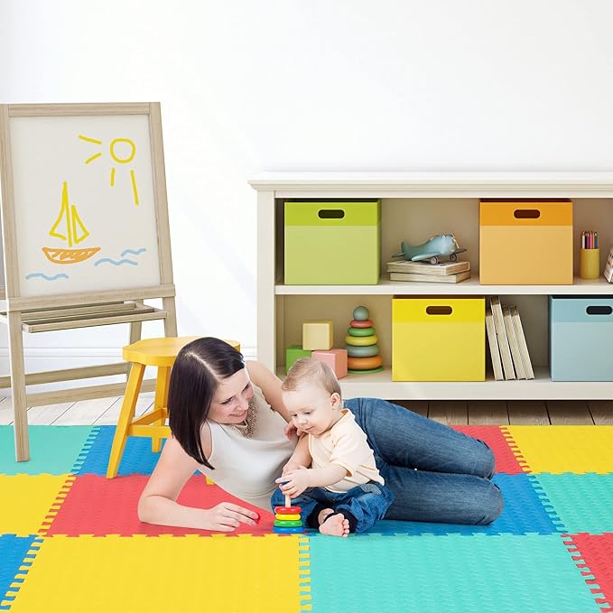 Tangkula 24 Tiles Exercise Flooring With Border, Non-Slip EVA Foam Protective Mats, Elastic Puzzle Play, 1/2" Interlocking Floor for Home Gym, Fitness Room, Workshop Equipment