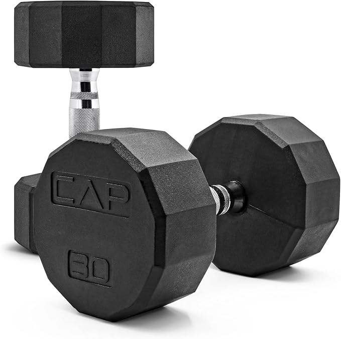 CAP Rubber Coated Dumbbell Weights, Free Weights for Home Gym Strength Training, Anti-Roll Hex Dumbbells with Black, Chrome & Comfort Grip Handles, Pairs & Sets