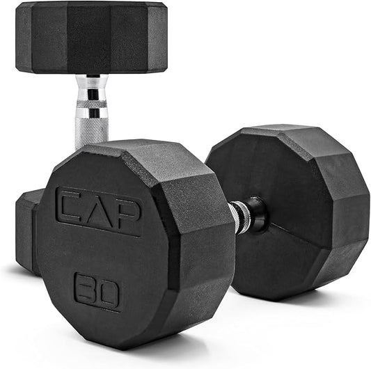CAP Rubber Coated Dumbbell Weights, Free Weights for Home Gym Strength Training, Anti-Roll Hex Dumbbells with Black, Chrome & Comfort Grip Handles, Pairs & Sets