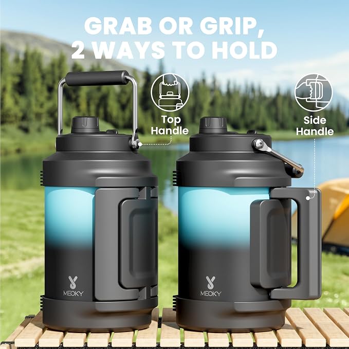 1 Gallon Insulated Water Bottle for Sports: Meoky 128 oz Triple Wall Vacuum Stainless Steel Water Jug - Top and Side Handles, Cold for 48 Hrs, 2-in-1 Straw and Spout Lid, Leak Proof for Hiking (Cyan)