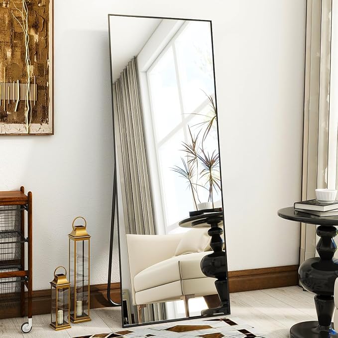 VooBang Mirror Full Length, 18" x 58" Floor Mirror with Stand | Aluminum Alloy Frame Full Body Mirror, Standing Hanging or Leaning Against Wall for Bedroom and Living Room, Black