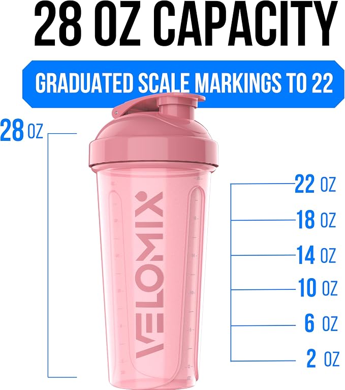 VELOMIX -2 Pack- 28 oz Protein Shaker Bottles for Protein Mixes - 2x Wire Whisk | Leak Proof Shaker Cups for Protein Shakes and Pre Workout | Protein Shaker Bottle Pack (A7) Pink/Black