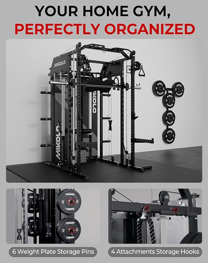 Mikolo Smith Machine with Weight Stack, Power Cage Home Gym System with LAT Pulldown & Cable Crossover, Multi-Functional Trainer with Dual Pulley System, Includes 10+ Free Attachments