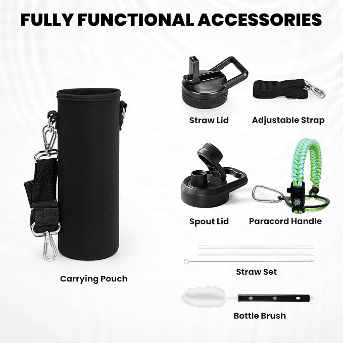 RAYMYLO Insulated Water Bottle 24 oz, Triple Wall Vacuum Stainless Steel | (Cold for 24Hrs, Hot for 12Hrs), Leak Proof & Non-BPA, Modern Water Flask Jug with Paracord Handle & Straw Spout Lids