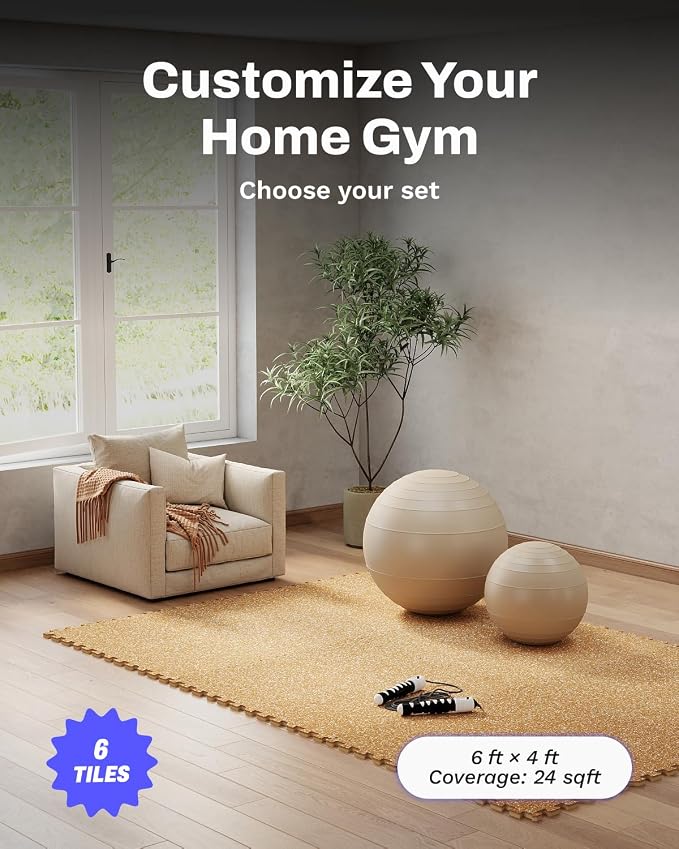 AIRHOP 0.79'' Extra-Thick 24 Sq Ft Rubber Top Gym Flooring for Home Gym | 6 Tiles, High Density EVA Foam, Waterproof & Non-Slip Rubber, Interlocking Puzzle Mats, Heavy Duty Floor Protection, 24"x24"