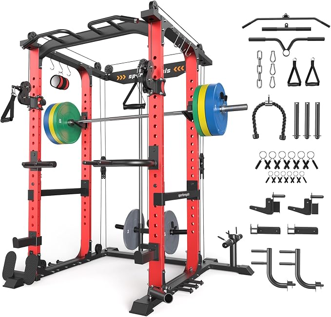 Sportsroyals Power Cage, 1600LBS Squat Rack with Cable Crossover System | Power Rack with LAT Pull Down System, Workout Cage with Pulley System for Fitness Home Gym Strength Training