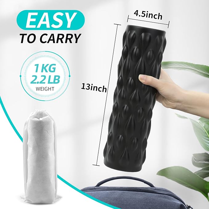 High-Density Vibrating Foam Roller Black with 4 Customizable Speeds for Deep Tissue Massage, Muscle Recovery and Pain Relief -Rechargeable with Portable Bag