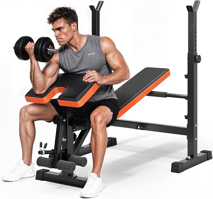 YOLEO 6 in 1 Weight Bench Set for Home Gym, Adjustable & Foldable Weight Bench, Workout Bench with Squat Rack for Bench Press Sit up Incline Flat Decline