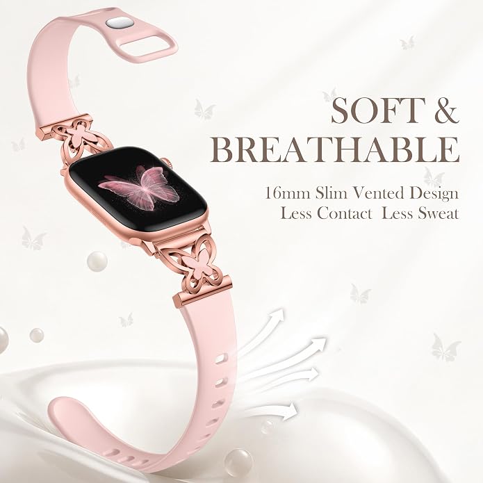 Lerobo Slim Silicone Band Compatible with Apple Watch Bands for Women | Dressy Metal Butterfly 16mm Thin Strap for iWatch Series 11 10 9 8 7 6 5 4 SE Ultra 38mm 40mm 41mm 42mm 44mm 45mm 46mm 49mm