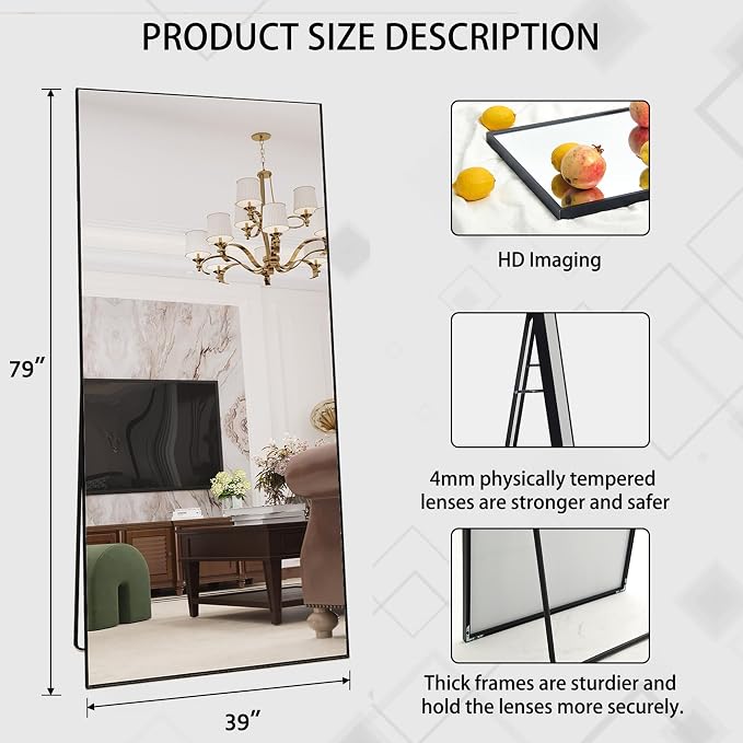 Beauty4U 79" x 39" Full Length Mirror with Stand, Black Large Floor Mirror | Standing, Leaning, or Wall-Mounted Tempered Glass Full Body Mirror with Metal Frame for Bedroom, Closet, Modern Home Decor