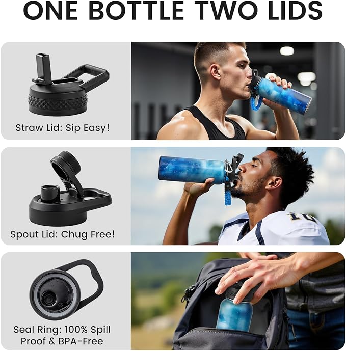 RAYMYLO Insulated Water Bottle 40 oz, Triple Wall Vacuum Stainless Steel | (Cold for 36Hrs, Hot for 18Hrs), Leak Proof & Non-BPA, Modern Water Flask Jug with Paracord Handle & Straw Spout Lids