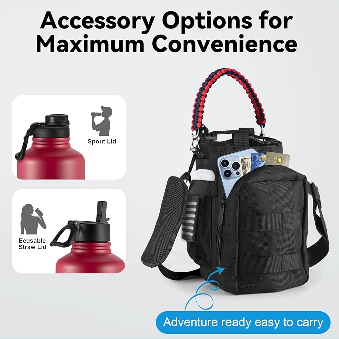 KXIAOCHEN Insulated Water Bottle with Strap, 48-Hour Cold, 2 Lids | Triple-wall insulation, lead-free 18/8 Stainless steel, paracord handle, carabiner clip, for gym, hiking, camping and travel