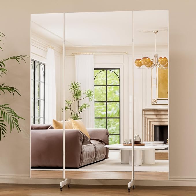 brisafe 67"x55" Folding Mirror with Wheels, 3-Panel Full Length Standing Mirror, Space-Saving, Shatterproof Nano Material, Portable Floor Mirror for Gym, Dance Studio, Home, Commercial Use, White