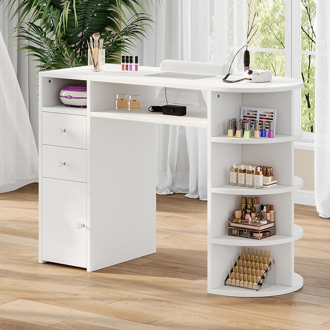 Nail Desk with Dust Collector & Power Outlet, Manicure Table with Display Rack,Professional Salon Station with Drawers and Cabinet,Acetone Resistant Top, Nail Table with Wrist Cushion for Nail Salon