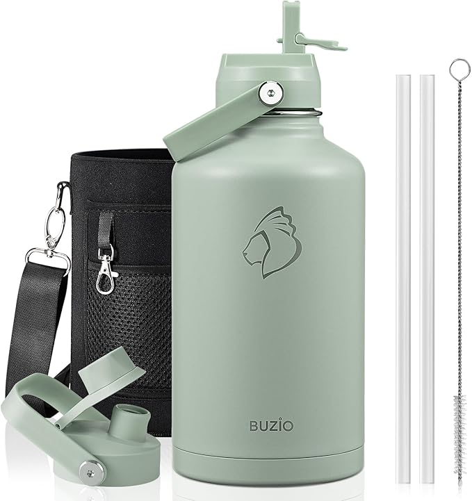 BUZIO 64 oz Insulated Stainless Steel Water Bottle with Dust-proof Lids | Half Gallon Water Jug (Dishwasher Safe), Cold for 48 Hrs, Triple Wall with Copper Plating, for Gym, Hiking, Camping, Black