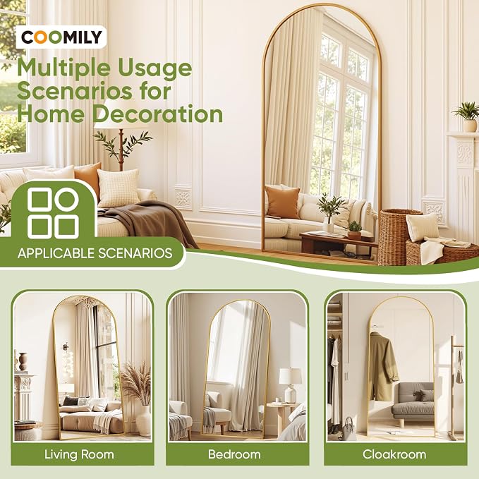 Full Length Mirror 78" L x 38" Full Body Standing Mirror for Bedroom, Living Room, Gym, Dorm - Shatter-Resistant & Easy Assembly, Arched Style Gold