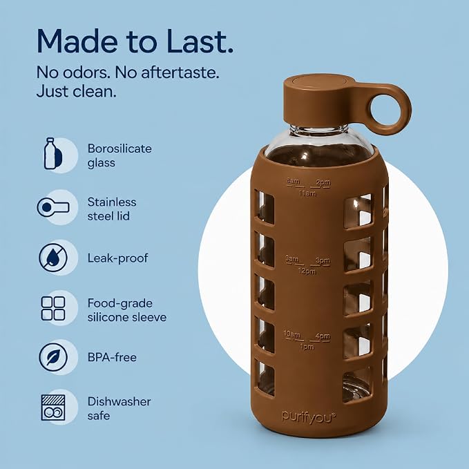 purifyou 40oz / 32oz / 22oz / 12oz Borosilicate Glass Water Bottle with Time & Volume Markers, Silicone Sleeve, Stainless Steel Lid | Reusable Glass Bottle for Water & Juice (22oz Earth Brown)