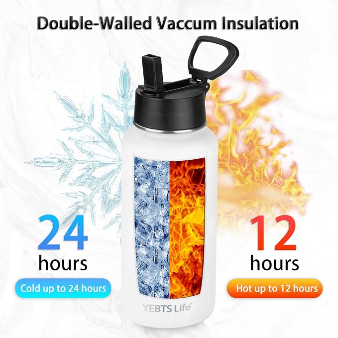 Insulated Water Bottle With Straw,32 oz Vacuum Insulated Stainless Steel Sports Water Flask,Keeps Cold and Hot,Metal Water Bottle Wide Mouth for Gym Travel Camping (White)