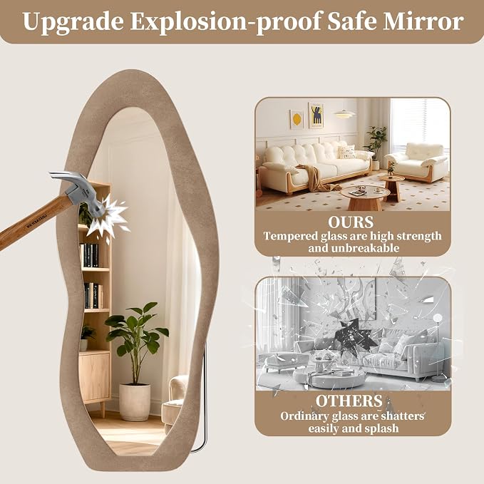 Full Length Mirror, 71"x30" Wavy Full Body Mirror Flannel | Flannel Floor Mirrors with Stand, Irregular Wavy Mirror Hanging or Leaning Against Wall for Bedroom Living Room, Brown