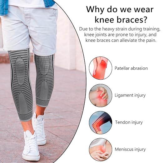 Full Leg Compression Sleeves 2 Pack anti Sliping Ventilation Long Knee Support with Wraps for Men and Women Long Knee Compression Sleeve for ACJ, PCL, Meniscus Tear, Arthritis (M, Gray)