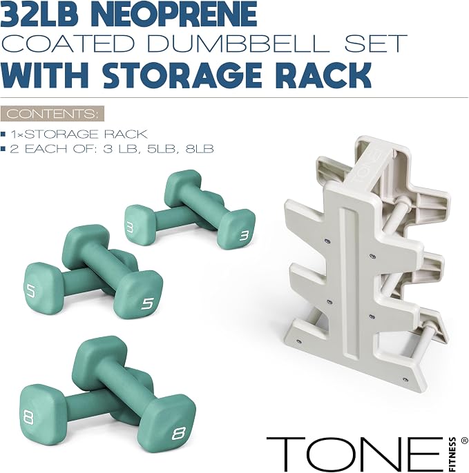 Tone Fitness Neoprene Dumbbell Set with Storage Rack – Non-Slip, Anti-Roll Hand Weights for Home Gym Workouts | 20 lb, 32 lb, 50 lb, 60 lb & 100 lb Options