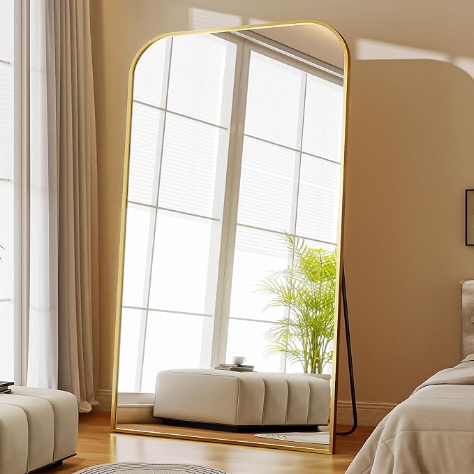 Oversized Full Length Mirror 81"x41" Arched Floor Standing Mirror | Large Full Body Mirrors with Stand - with Aluminum Frame for Bedroom Living Room, Gold
