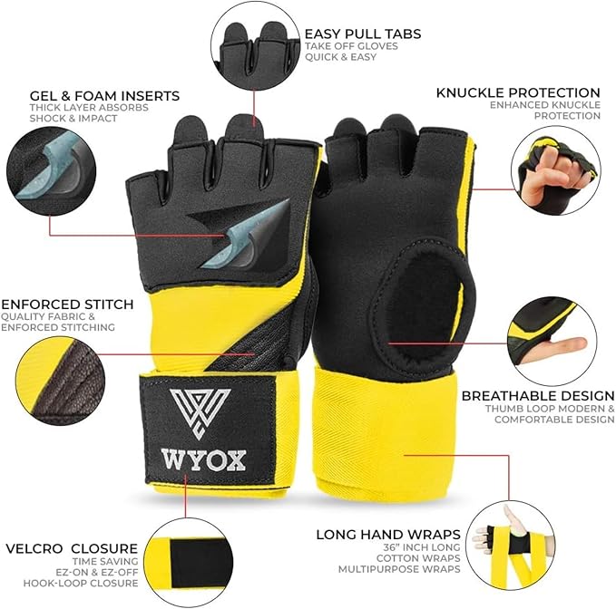 WYOX Neoprene Gel Boxing Hand Wraps Inner Gloves for Men & Women – 80cm/31in Quick Wrist Strap, Padded Knuckle Protection, Fingerless MMA Muay Thai Kickboxing Wraps for Training & Martial Arts