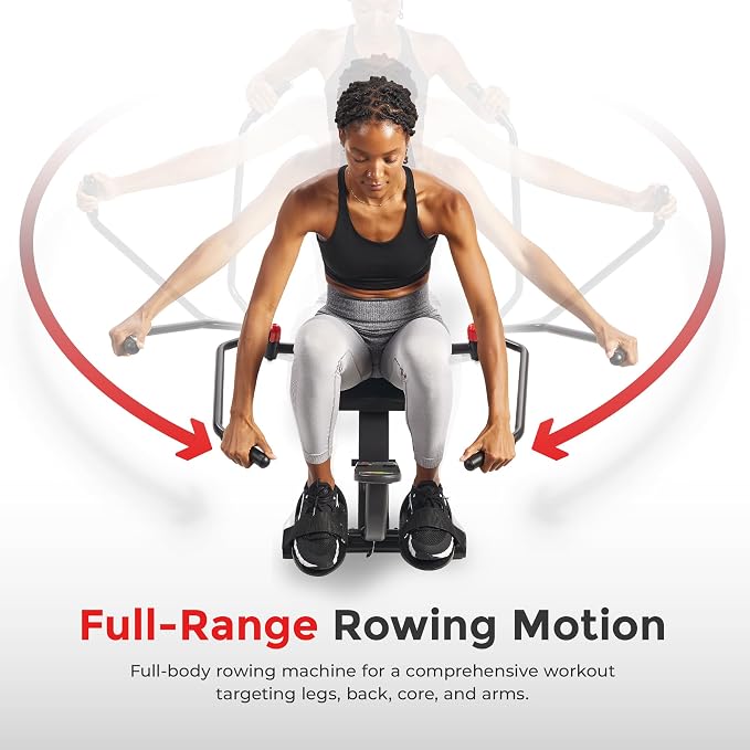 Sunny Health & Fitness Smart Full Motion Rower | 12 Resistance Levels, Dual-Arm Design, SunnyFit App Connectivity, 400 LB Capacity, Optional Back-Assist Core Trainer
