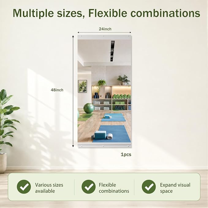 Home Gym Mirror, 48"x24"-1 PCS Gym Mirrors for Wall, Frameless, Tempered Glass, Large Workout Wall-Mounted Mirrors for Home Gym, Dance Studio, Yoga Room, Garage Gym, Silver