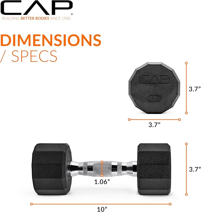 CAP Rubber Coated Dumbbell Weights, Free Weights for Home Gym Strength Training, Anti-Roll Hex Dumbbells with Black, Chrome & Comfort Grip Handles, Pairs & Sets