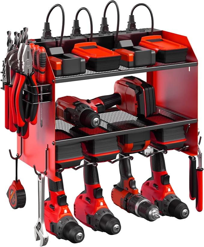 CCCEI Wall Mount Modular Tool Charging Organizer, Red, 1 Pack, 3 Tier. | Drill Battery Storage Rack with Hooks, Garage Workshop, Gifts for Men, Dad, Husband Anniversary, Birthday, Christmas