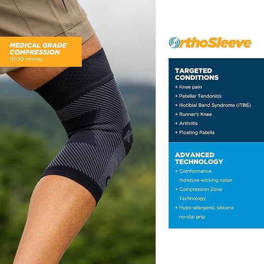 OrthoSleeve Compression Knee Brace, Knee Sleeve for ACL, MCL, Injury Recovery, Meniscus Tear, Pain, Aching Knees, Patellar Tendonitis & Arthritis Pain