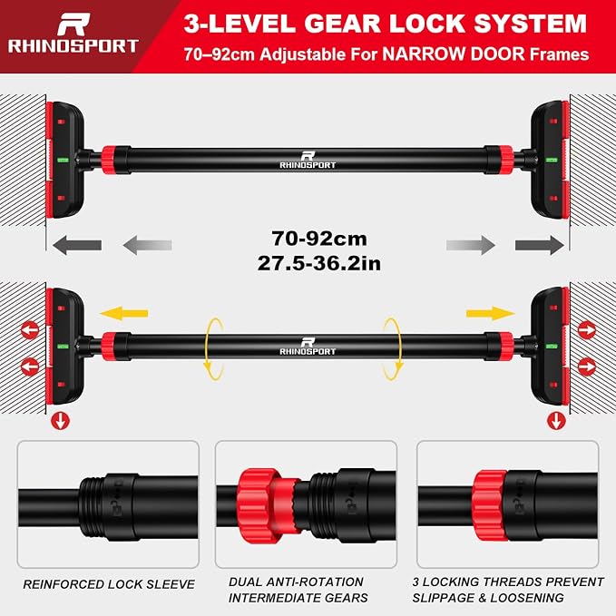 RHINOSPORT Door Pull Up Bar Doorway Chin Up Bar from 69-92 cm (27.1in-36.2in) Workout Equipment for Home Gym Upper Body Workout Non-Slip