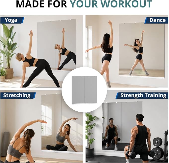 Rovibek 2 Pack Home Gym Mirror, 24x48In Large Workout Mirror for Exercise | Frameless Tempered Glass, Wall-Mounted Gym Mirrors for Home Gym, Garage Gyms, Yoga Rooms and Dance Studios