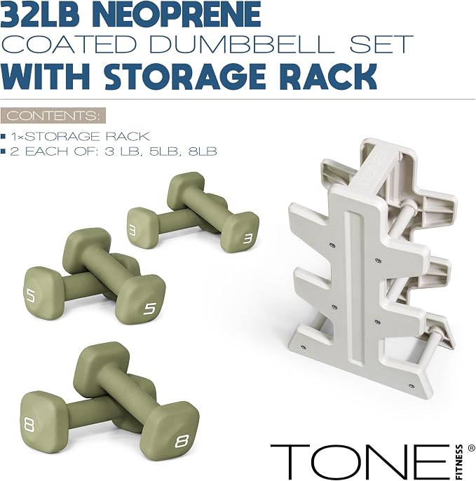 Tone Fitness Neoprene Dumbbell Set with Storage Rack – Non-Slip, Anti-Roll Hand Weights for Home Gym Workouts | 20 lb, 32 lb, 50 lb, 60 lb & 100 lb Options