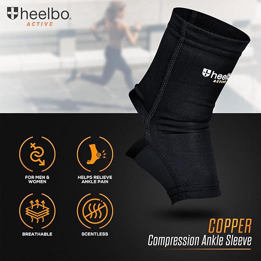 Heelbo Ankle Compression Sleeve and Compression Sock Made with Copper Infused Fibers and Breathable Fabric for Planter Fasciitis, Achilles Tendonitis or Arch Support, Black, Medium