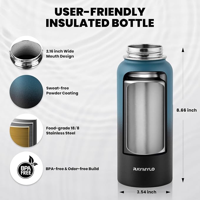RAYMYLO Insulated Water Bottle 32 oz, Triple Wall Vacuum Stainless Steel | (Cold for 24Hrs, Hot for 12Hrs), Leak Proof & Non-BPA, Modern Water Flask Jug with Paracord Handle & Straw Spout Lids