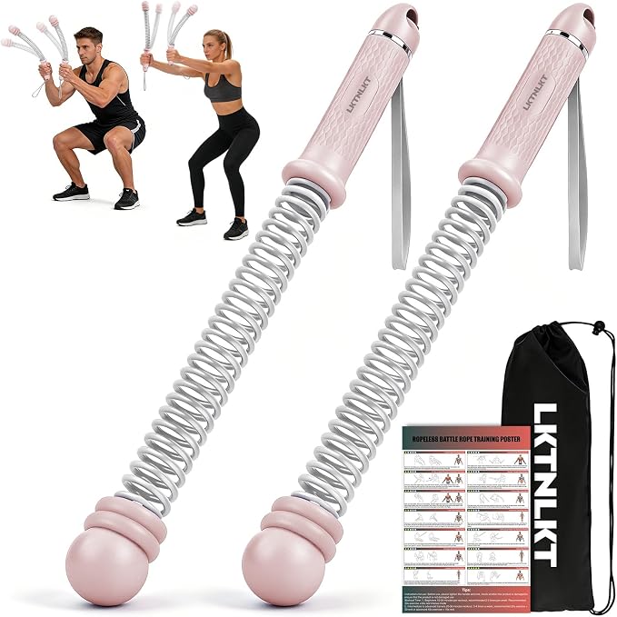 Weighted Ropeless Battle Ropes Adjustable Weight - Portable Cordless Battle Ropes for Home Gym with Workout Poster, Strength Building, HIIT & Low-Impact Cardio Training for Men & Women (Pink)