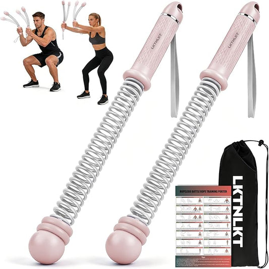 Weighted Ropeless Battle Ropes Adjustable Weight - Portable Cordless Battle Ropes for Home Gym with Workout Poster, Strength Building, HIIT & Low-Impact Cardio Training for Men & Women (Pink)