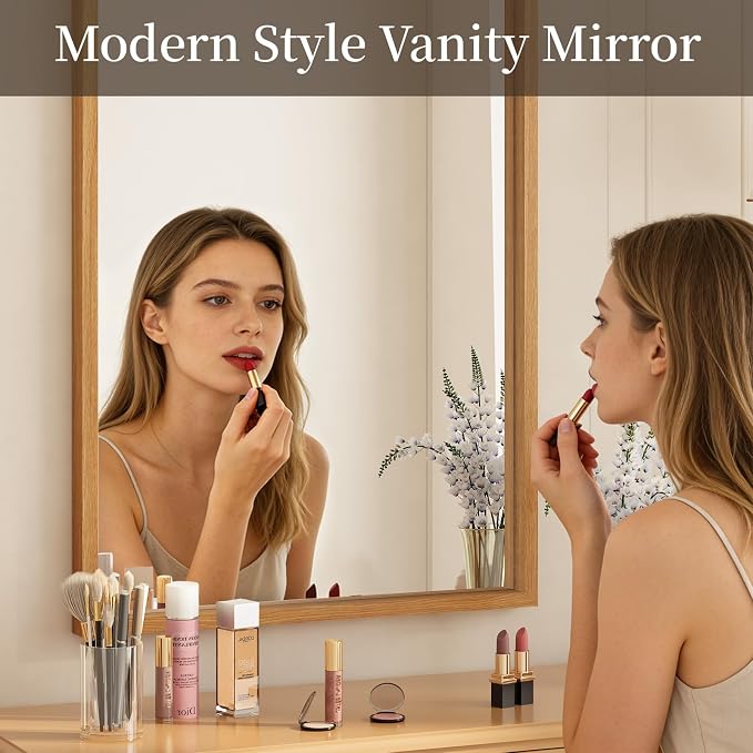 Syndra Natural Wood Frame Bathroom Mirror, 30x40'' Modern Vanity Mirror for Wall, Waterproof Slim Deep Frame, Rectangular HD Tempered Glass Mirror for Living Room, Bedroom, Entryway, Rustic, Farmhouse