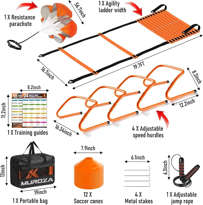 Agility Ladder, Agility Speed Training Equipment Set, 20ft Speed Ladder | 4 Hurdles, 12 Soccer Cones, Jump Rope, Running Parachute, Soccer Football Basketball Training Equipment Accessories