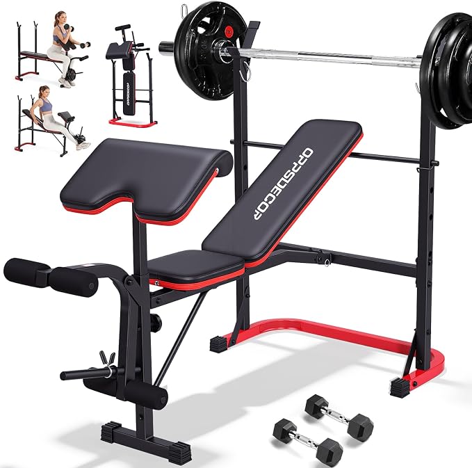 OPPSDECOR 661LBS Weight Bench Set, 8 in 1 Adjustable Bench Press with Squat Rack Leg Extension & Leg Curl Foldable Workout Bench with Safety Bar Catches Standard Weight Training Benches for Home Gym