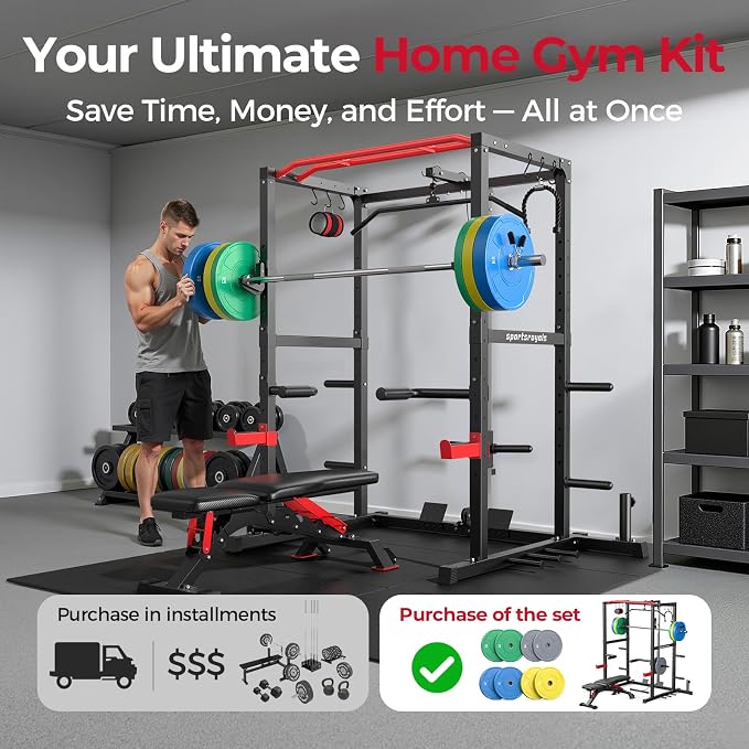 SPORTSROYALS Power Rack, Multi-Functional Power Cage, Squat Rack with Pulley System & LAT Pull Down, Workout Cage with J Hooks for Home Gym