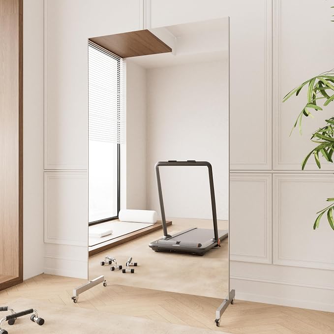 Home Gym Mirror 360° Swivel on Wheels, 67" X 40" Extra Large Full Body Rolling for Yoga, Nano Film Super Lightweight Unbreakable Full Length Mirror, Black, 9.5 lbs