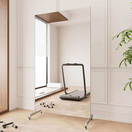 Home Gym Mirror 360° Swivel on Wheels, 67" X 40" Extra Large Full Body Rolling for Yoga, Nano Film Super Lightweight Unbreakable Full Length Mirror, Black, 9.5 lbs