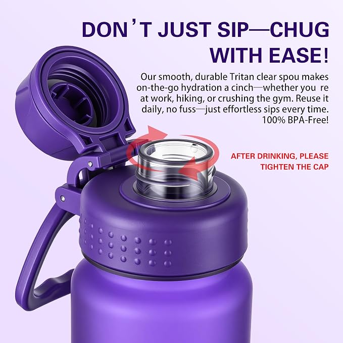 OLDLEY 32 oz Water Bottle with Handle, BPA-Free Tritan Reusable Sports Water Bottle with Leak-Proof Dust Lid, Wide Mouth, Cup Holder Friendly, Half Frosted Clear Bottle for Gym, Travel, Work,Purple